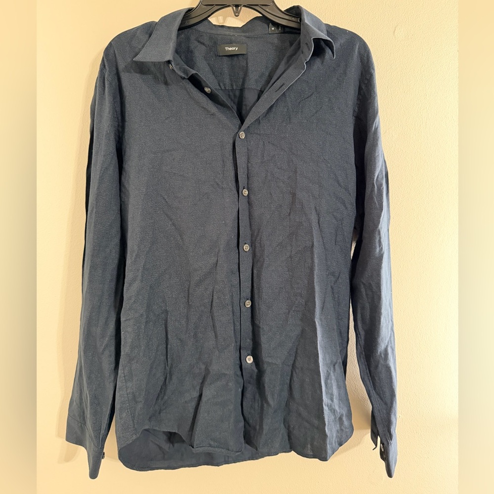 Theory Navy Blue Patterned Collared Button Down L… - image 1